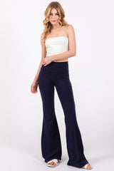 Navy Blue Fold-Over Waistband Flared Leggings