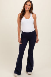 Navy Blue Fold-Over Waistband Flared Maternity Leggings