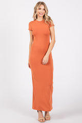 Rust Fitted Short Sleeve Maternity Maxi Dress