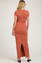 Rust Fitted Short Sleeve Maternity Maxi Dress