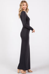 Charcoal Long Sleeve Fitted Maxi Dress