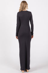 Charcoal Long Sleeve Fitted Maxi Dress