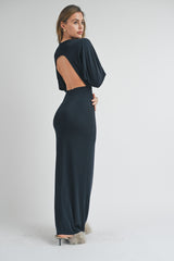 Navy Blue Long Sleeve Open Back Maxi Dress