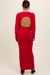 Red Long Sleeve Open Back Maternity Maxi Dress