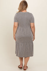 Ivory Black Striped Ribbed Tiered Maternity Plus Dress