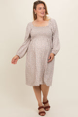 Beige Floral Print Long Sleeve Maternity Plus Midi Dress