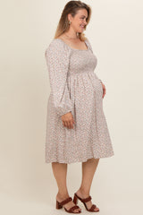 Beige Floral Print Long Sleeve Maternity Plus Midi Dress