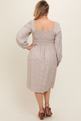 Beige Floral Print Long Sleeve Maternity Plus Midi Dress