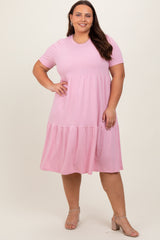 Pink Ribbed Tiered Plus Dress