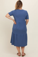 Blue Ribbed Tiered Maternity Plus Dress