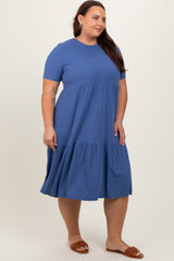 Blue Ribbed Tiered Plus Dress