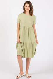 Light Olive Ribbed Tiered Midi Dress