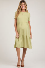 Light Olive Ribbed Tiered Maternity Midi Dress