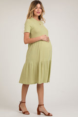 Light Olive Ribbed Tiered Maternity Midi Dress