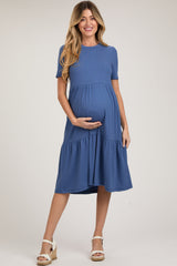 Blue Ribbed Tiered Maternity Midi Dress