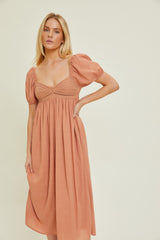 Salmon Crochet Front Short Puff Sleeve Maternity Midi Dress