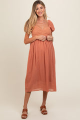 Salmon Crochet Front Short Puff Sleeve Maternity Midi Dress