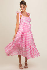 Pink Gingham Shoulder Tie Maternity Dress