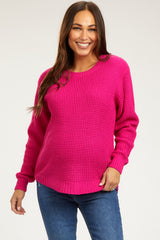 Fuchsia Waffle Knit Round Hem Maternity Sweater