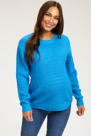 Blue Waffle Knit Round Hem Maternity Sweater