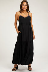 Black Scalloped Embroidered Neckline Maternity Maxi Dress