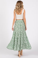 Light Olive Leaf Printed Drawstring Tiered Maxi Skirt