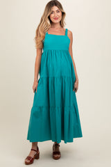 Teal Square Neck Cut Out Back Tiered Maternity Maxi Dress