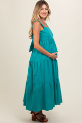 Teal Square Neck Cut Out Back Tiered Maternity Maxi Dress