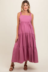 Mauve Square Neck Cut Out Back Tiered Maternity Maxi Dress