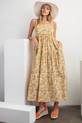 Yellow Floral Square Neck Cut Out Back Tiered Maternity Maxi Dress