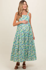 Blue Floral Square Neck Cut Out Back Tiered Maternity Maxi Dress