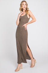 Brown Ribbed Sleeveless Side Slit Maxi Dress