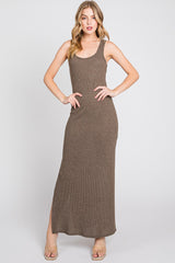 Brown Ribbed Sleeveless Side Slit Maxi Dress