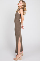 Brown Ribbed Sleeveless Side Slit Maxi Dress