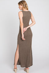 Brown Ribbed Sleeveless Side Slit Maxi Dress