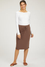 Brown Drawstring Maternity Midi Skirt