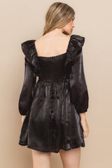 Black Satin Smocked Back Babydoll Dress