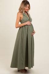 Light Olive Collared Halter Back Tie Maternity Maxi Dress