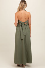 Light Olive Collared Halter Back Tie Maternity Maxi Dress