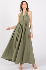 Light Olive Collared Halter Back Tie Maxi Dress