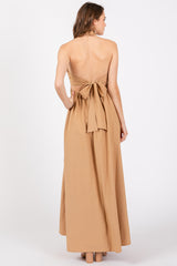 Taupe Collared Halter Back Tie Maxi Dress