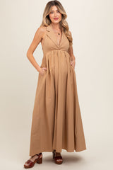 Taupe Collared Halter Back Tie Maternity Maxi Dress