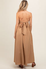 Taupe Collared Halter Back Tie Maternity Maxi Dress