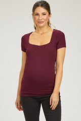 Burgundy Square Neck Short Sleeve Maternity Top