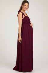 Plum Square Neck Shoulder Tie Maternity Maxi Dress