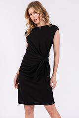 Black Terry Knit Gathered Waist Maternity Dress