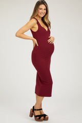 Burgundy Ribbed Sweetheart Neck Maternity Midi Dress