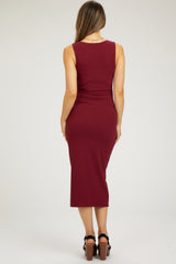 Burgundy Ribbed Sweetheart Neck Maternity Midi Dress