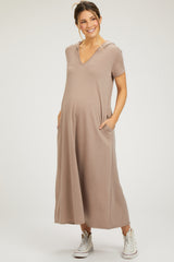 Mocha Fleece Hooded Maternity Midi Dress