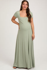 Light Olive Ribbed Square Neck Short Sleeve Maternity Maxi Dress